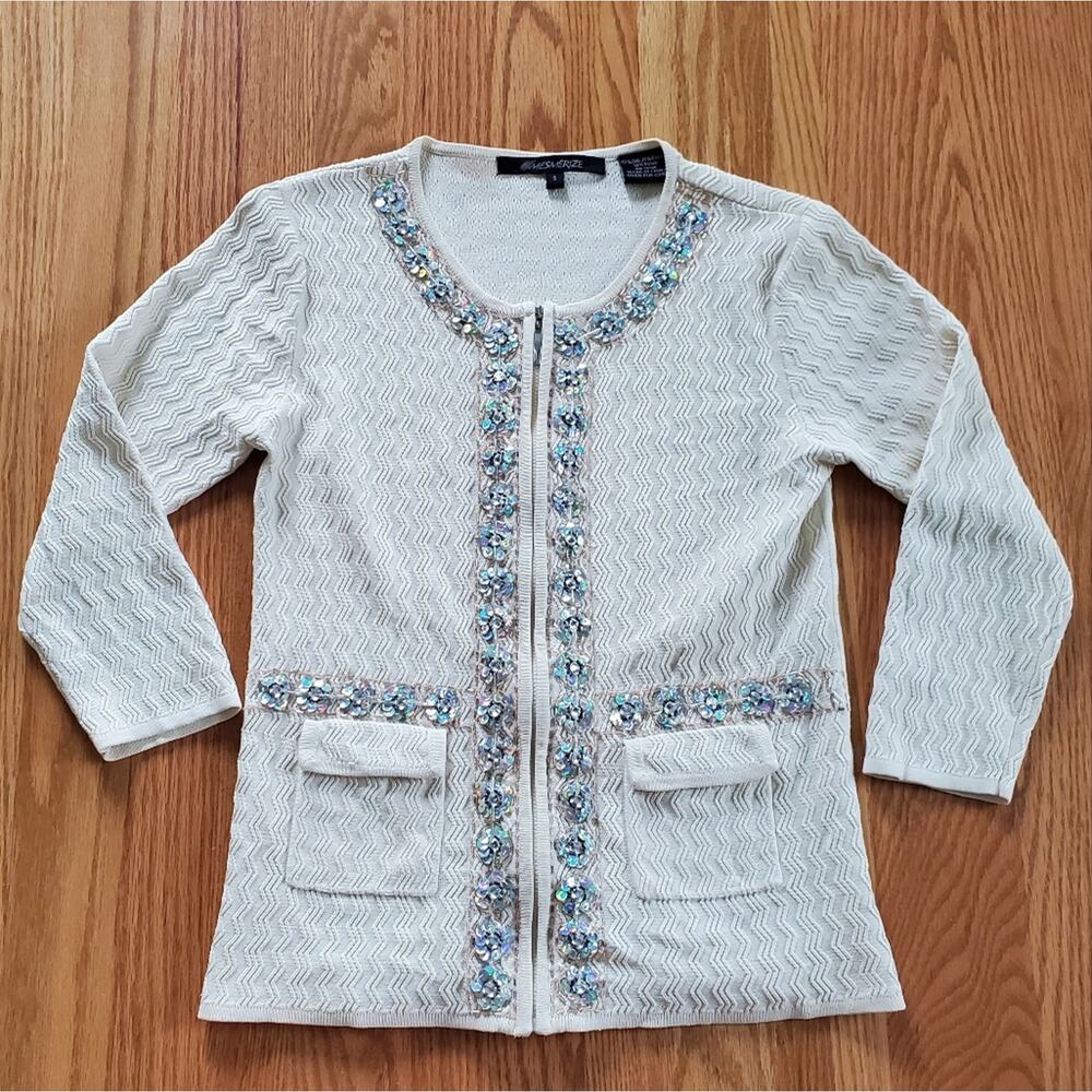 Vintage Mesmerize Silk Zip Up Cardigan Sweater Sequins Rhinestone Beaded Cream S